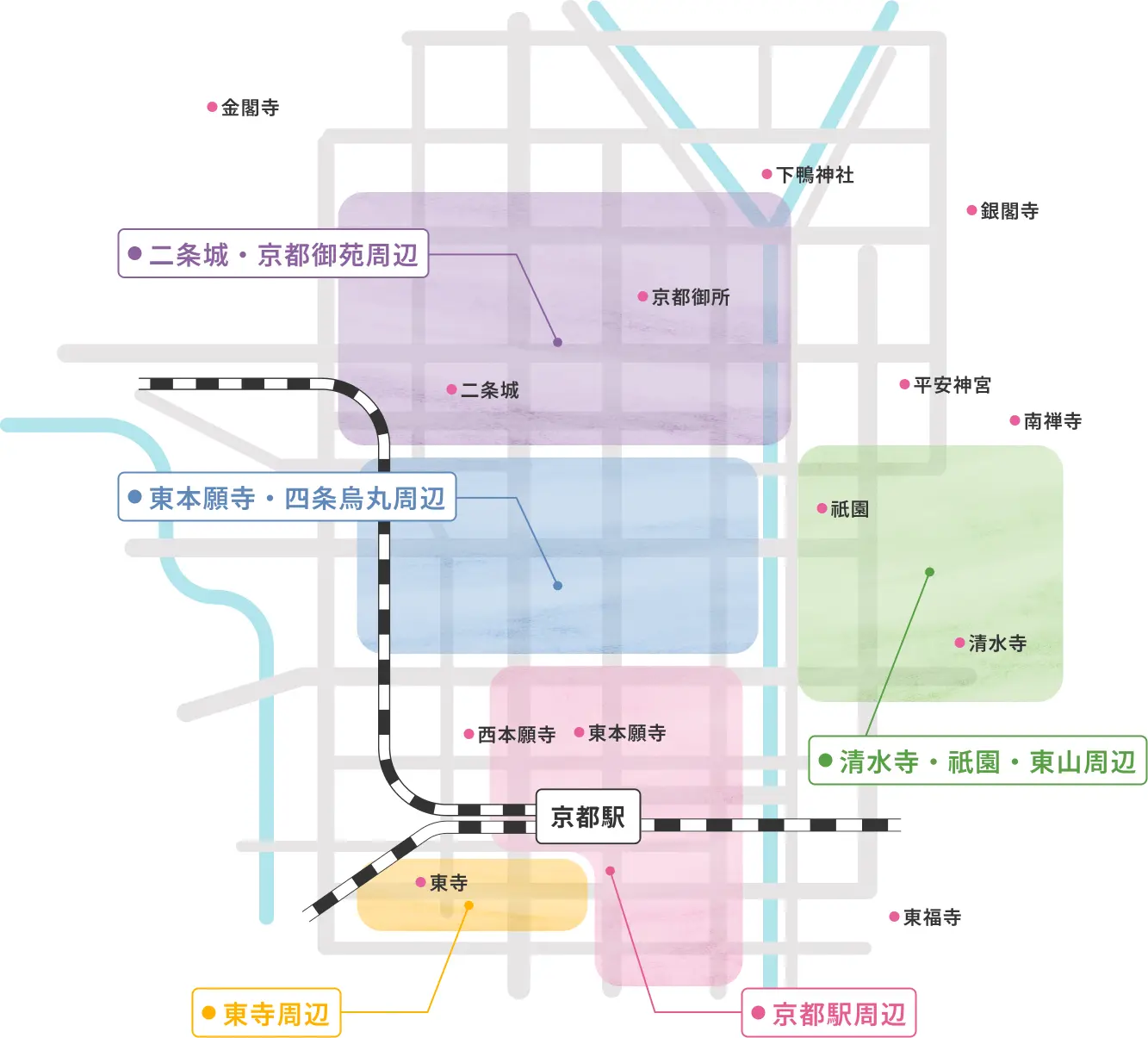 京都市内の主なホテル運営実績エリアを示した地図